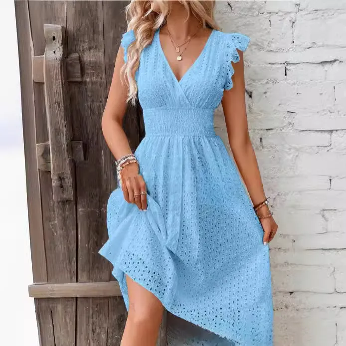 Summer Women Casual Solid Color Ruffled V-Neck Dress