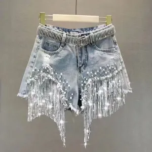 Summer Women'S Fashion Rhinestone Sequins Tassel Beaded Copper Denim Shorts