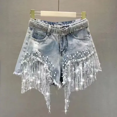 Summer Women'S Fashion Rhinestone Sequins Tassel Beaded Copper Denim Shorts