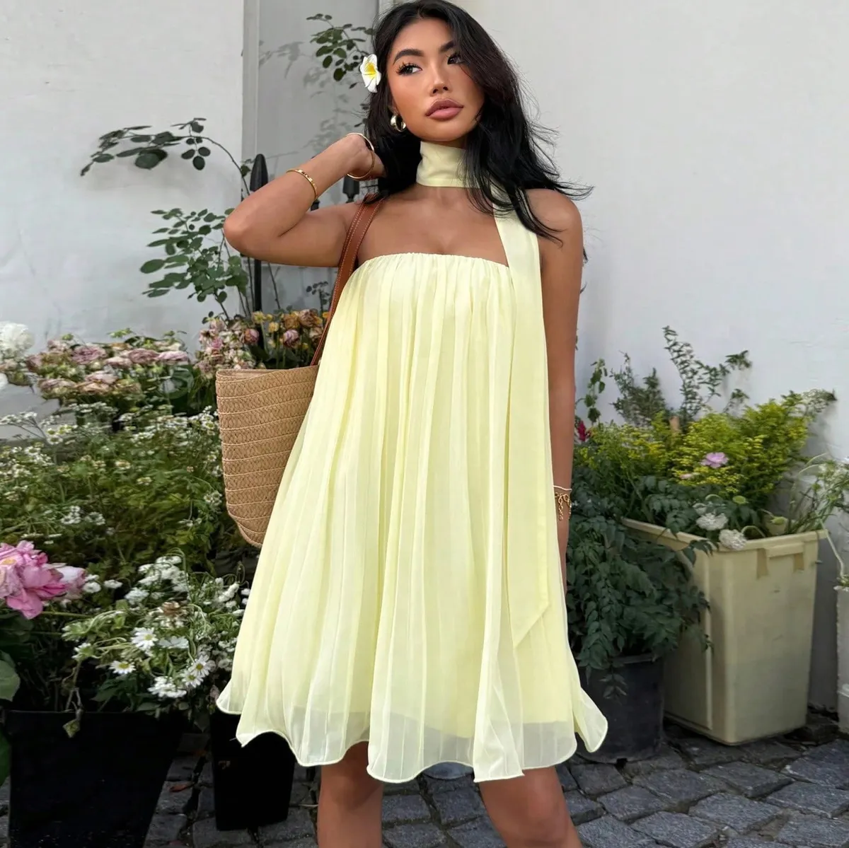 Vacation Summer Women Fashion Solid Color Backless Elegant Chiffon Dress
