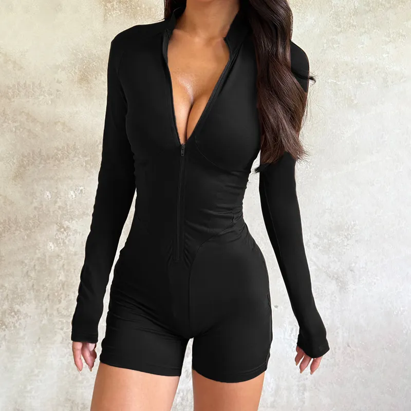 Women Fashion Sexy Simple Summer Solid Color Long Sleeve Backless Zipper Tight Rompers