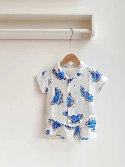 Kids Boys Fashion Casual Summer Stripe Fruit Pattern Lapel Short Sleeve Blouse Loose Shorts Two-Piece Set