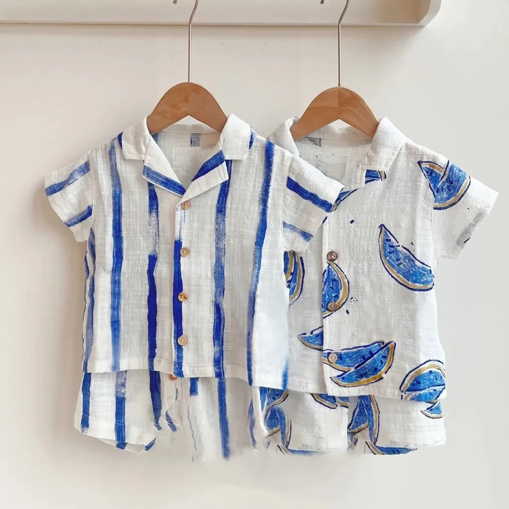 Kids Boys Fashion Casual Summer Stripe Fruit Pattern Lapel Short Sleeve Blouse Loose Shorts Two-Piece Set