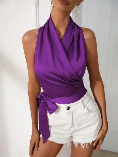 Women Elegant Solid Color Sleeveless Lace-Up Top