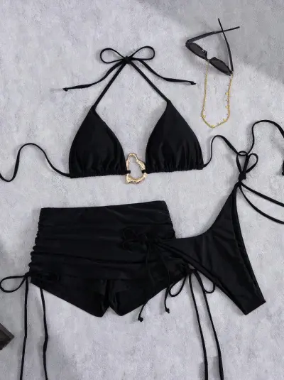 Women Fashion Sexy Solid Color Metal Buckle Halter-Neck Lace-Up Bikini Swimsuit Three-Piece Set
