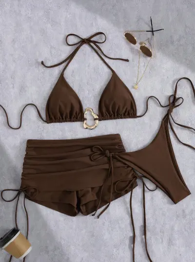 Women Fashion Sexy Solid Color Metal Buckle Halter-Neck Lace-Up Bikini Swimsuit Three-Piece Set