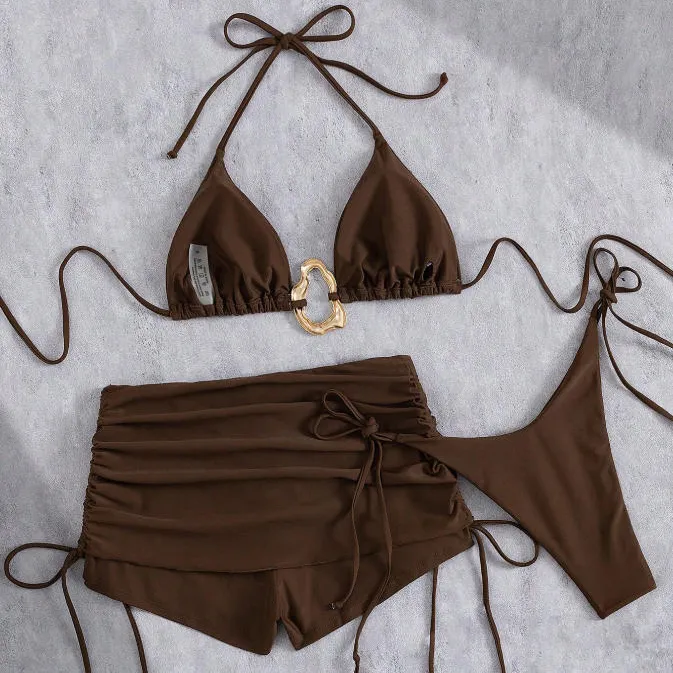 Women Fashion Sexy Solid Color Metal Buckle Halter-Neck Lace-Up Bikini Swimsuit Three-Piece Set