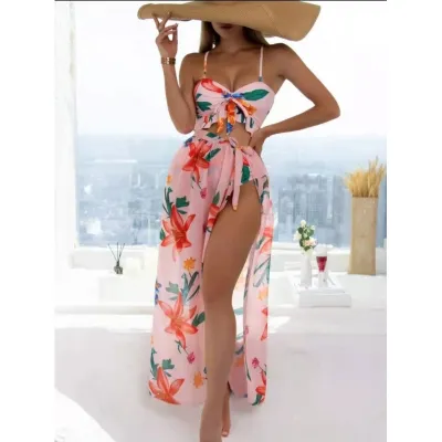 Women Fashion Sexy Printed Lace-Up Bikini Swimsuit Three-Piece Set