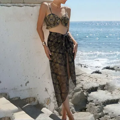 Women Fashion Sexy Printed Lace-Up Bikini Swimsuit Three-Piece Set