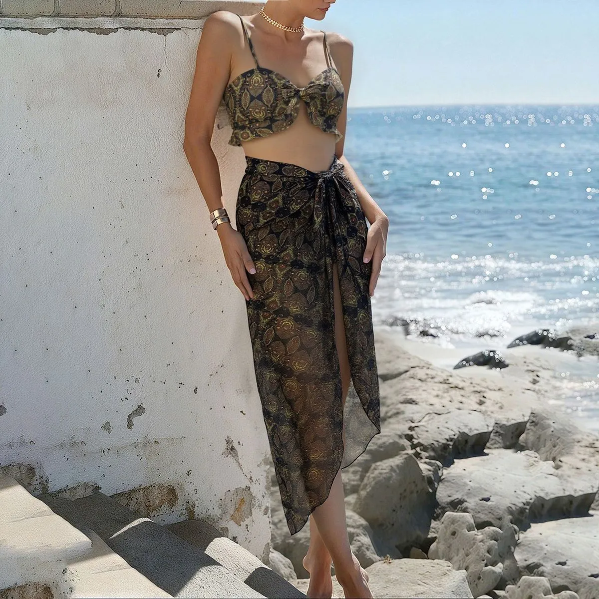 Women Fashion Sexy Printed Lace-Up Bikini Swimsuit Three-Piece Set