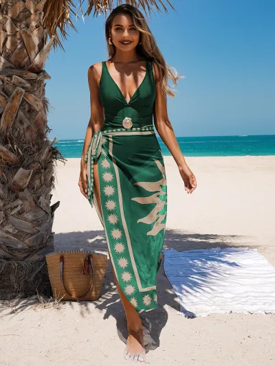 Women Fashion Sexy Printed Skirt One-Piece Swimsuit Two-Piece Set
