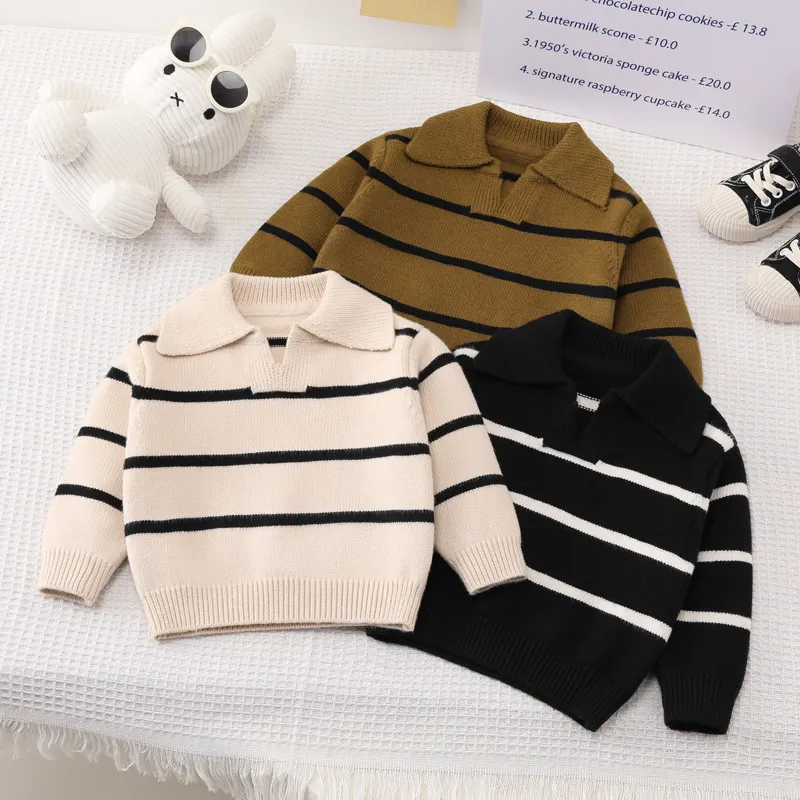 Kids Baby Boys Fashion Spring Stripe Lapel Long-Sleeve Knitted Cotton Sweater