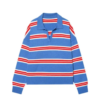 Women Fashion Casual Stripe Laple Long-Sleeve Knitwear