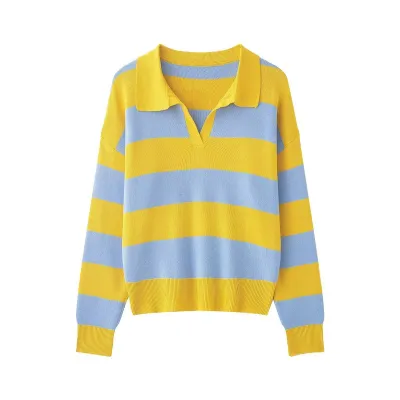 Women Fashion Casual Stripe Laple Long-Sleeve Knitwear