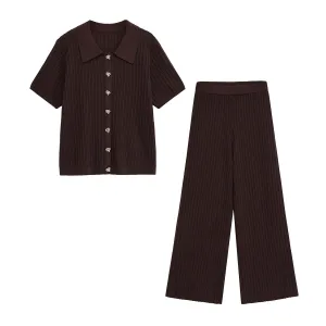 Women Fashion Casual Solid Color Knitted Lapel Short-Sleeve Top Loose Pants Two-Piece Set