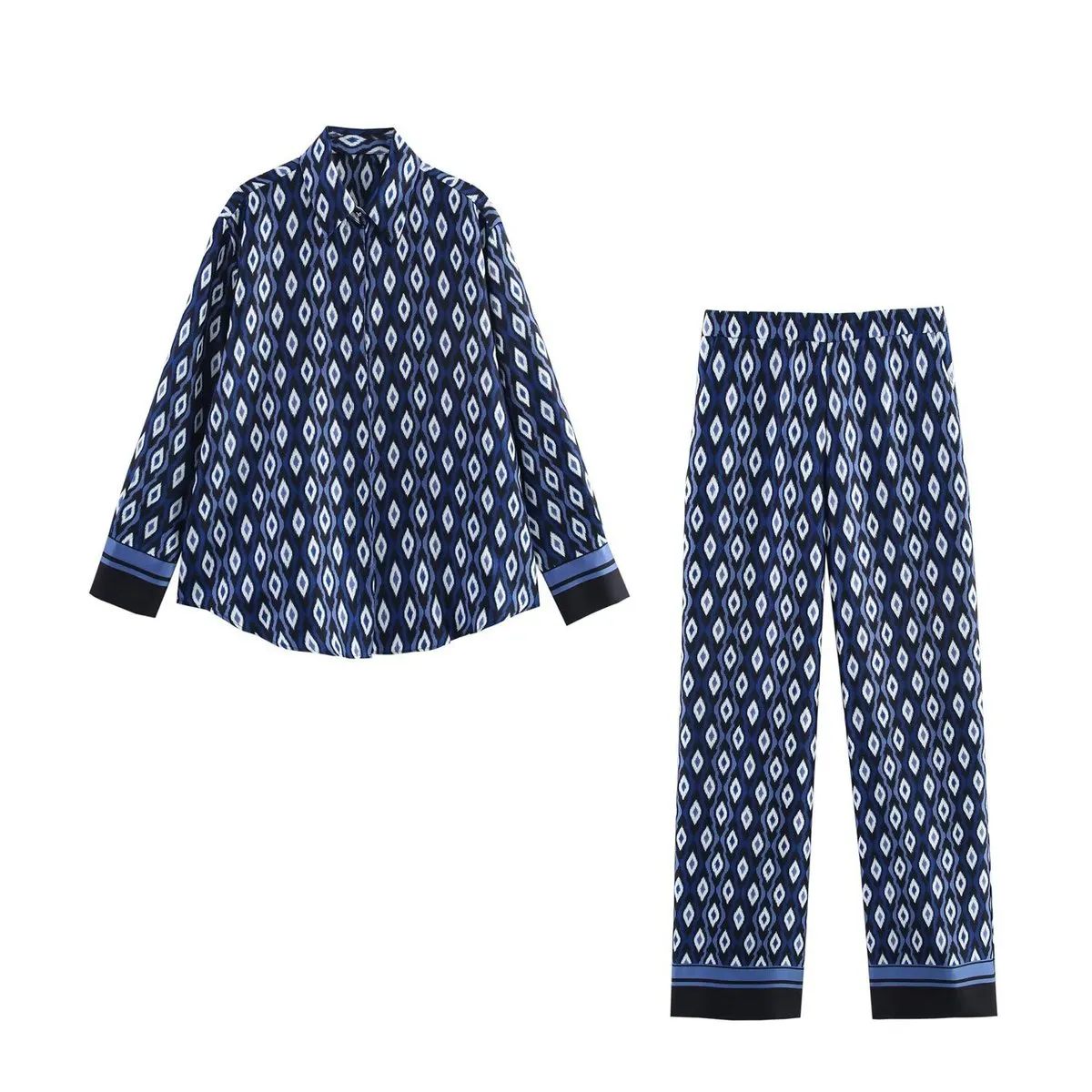 Women Fashion Casual Geometric Print Lapel Long-Sleeve Blouse Loose Pants Two-Piece Set