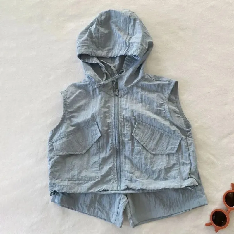 Kids Boys' Fashion Casual Summer Solid Color Sleeveless Hoodie and Shorts Two-Piece Set