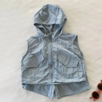 Kids Boys' Fashion Casual Summer Solid Color Sleeveless Hoodie and Shorts Two-Piece Set