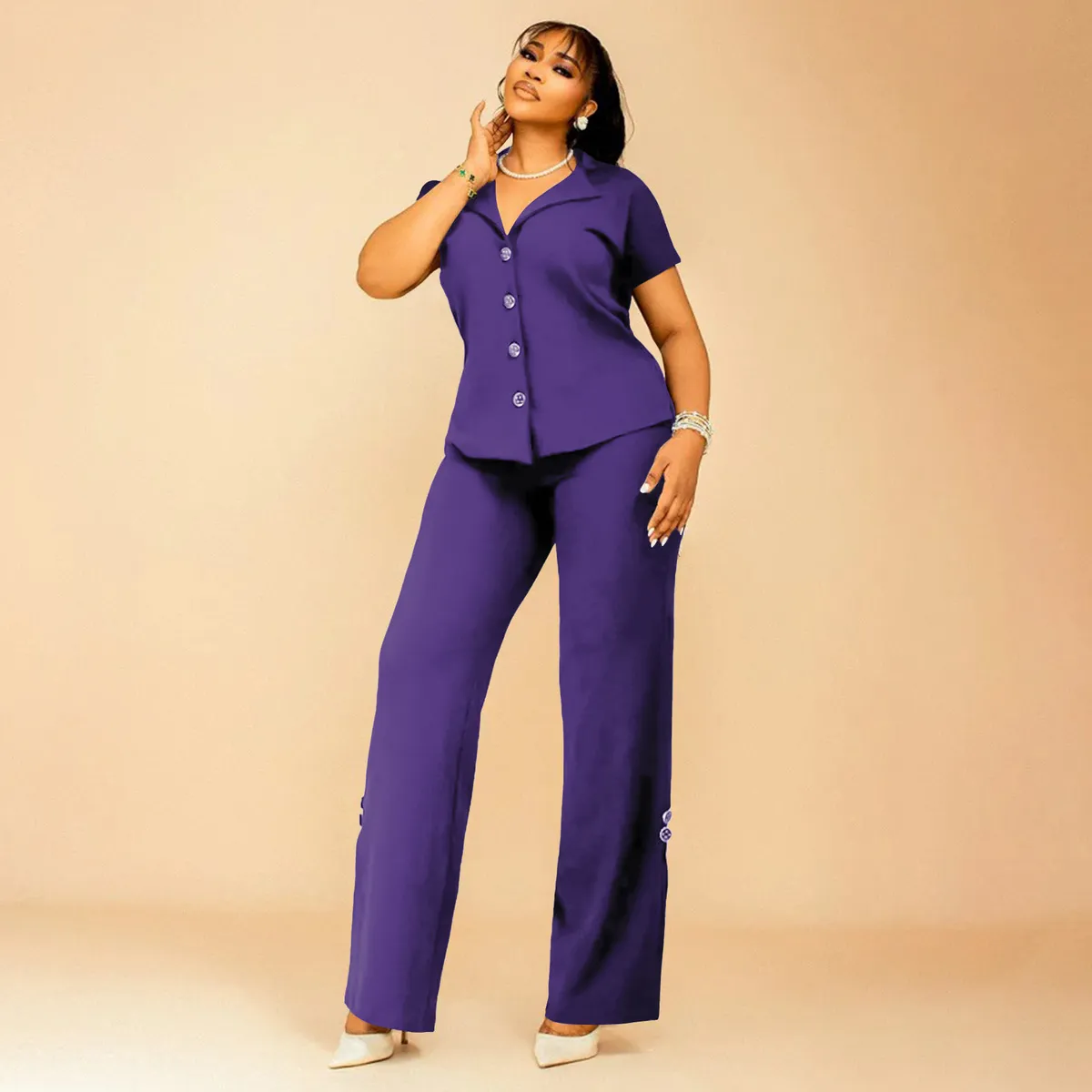 Women Fashion Casual Plus Size Solid Color Lapel Short-Sleeve Backless Button Blouse Loose Pants Two-Piece Set