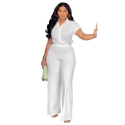 Women Fashion Casual Summer Plus Size Solid Color Short-Sleeve Blouse High Waist Pants Two-Piece Set