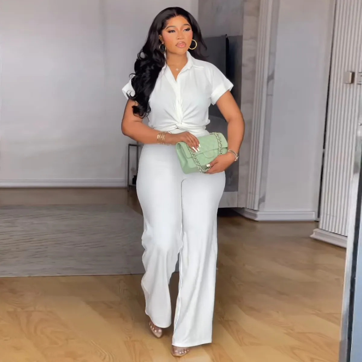 Women Fashion Casual Summer Plus Size Solid Color Short-Sleeve Blouse High Waist Pants Two-Piece Set