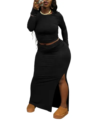 Women Fashion Casual Plus Size Solid Color Tight Long-Sleeve T-Shirt Split Maxi Skirt Two-Piece Set
