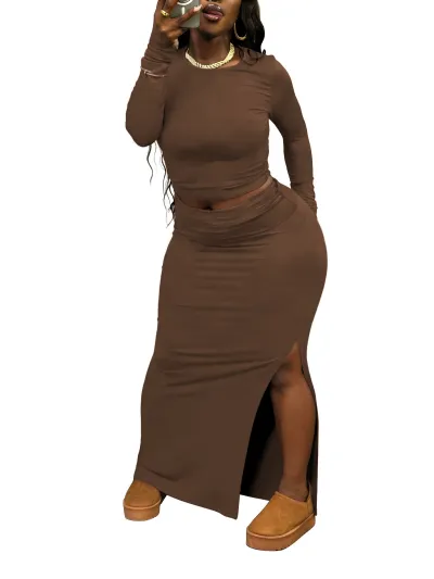 Women Fashion Casual Plus Size Solid Color Tight Long-Sleeve T-Shirt Split Maxi Skirt Two-Piece Set