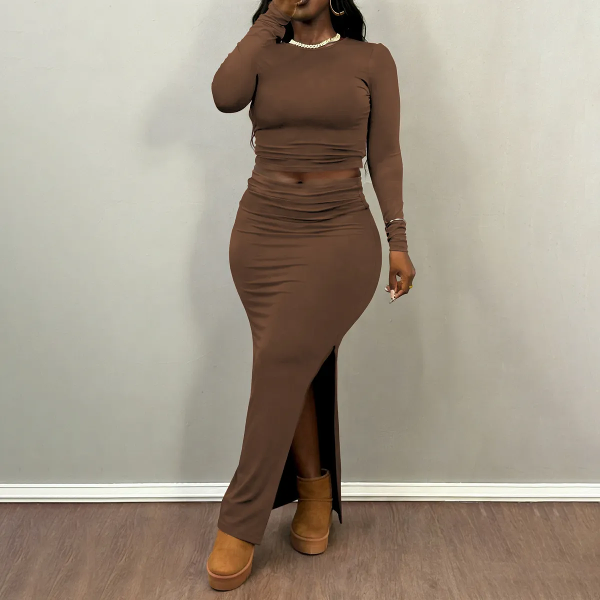 Women Fashion Casual Plus Size Solid Color Tight Long-Sleeve T-Shirt Split Maxi Skirt Two-Piece Set