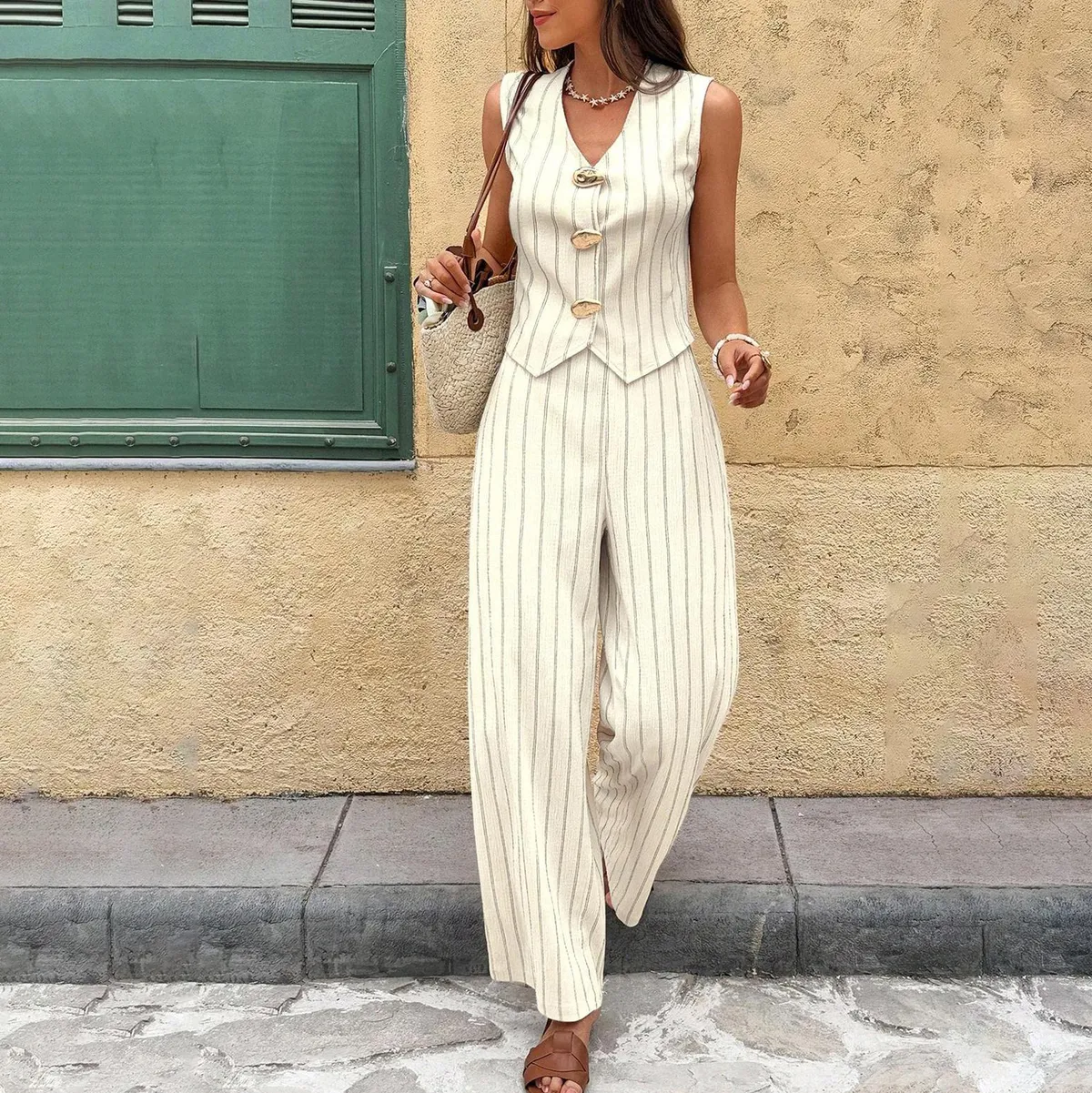 Women Fashion Casual Summer Contrast Color Vertical Stripe Button Vest Straight Pants Two-Piece Set