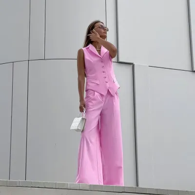 Women Fashion Casual Summer Solid Color Lapel Vest Loose Pants Two-Piece Set