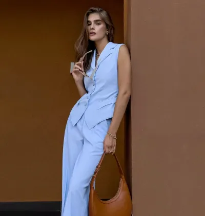 Women Fashion Casual Summer Solid Color Lapel Vest Loose Pants Two-Piece Set