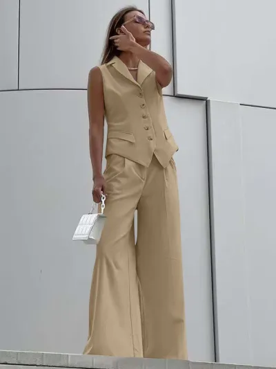 Women Fashion Casual Summer Solid Color Lapel Vest Loose Pants Two-Piece Set