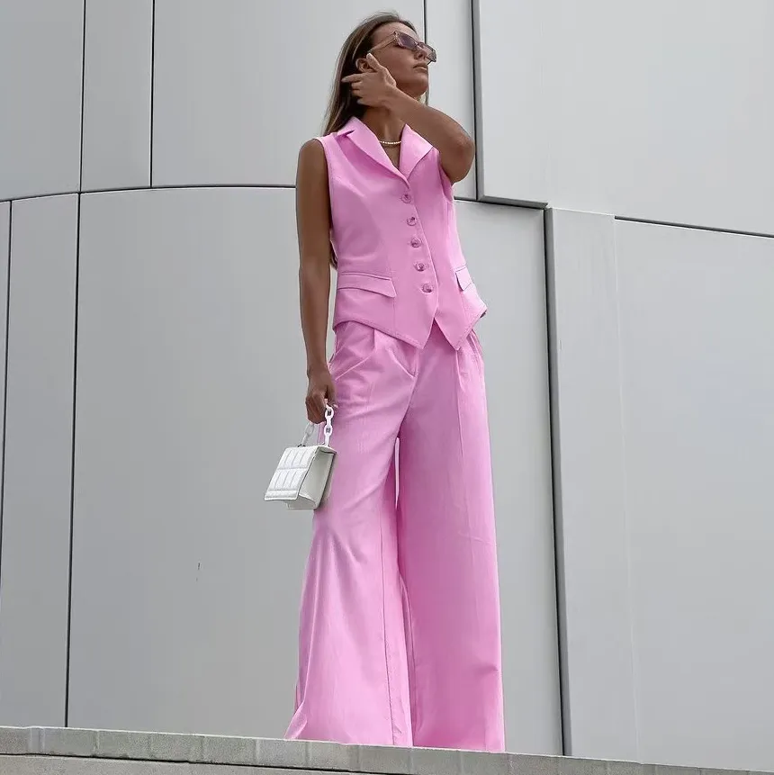 Women Fashion Casual Summer Solid Color Lapel Vest Loose Pants Two-Piece Set