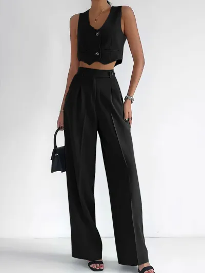 Women Fashion Casual Summer Solid Color Vest Loose Pants Two-Piece Set