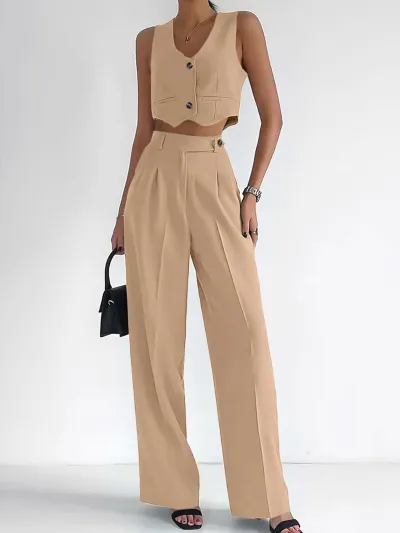 Women Fashion Casual Summer Solid Color Vest Loose Pants Two-Piece Set