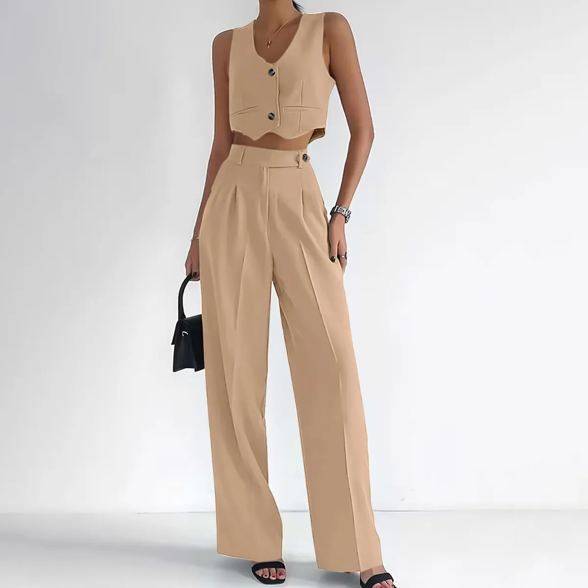 Women Fashion Casual Summer Solid Color Vest Loose Pants Two-Piece Set