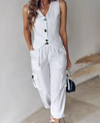 Women Fashion Casual Stripe Printed Vest Pockets Slim Fit Pants Two-Piece Set