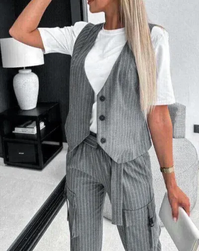 Women Fashion Casual Stripe Printed Vest Pockets Slim Fit Pants Two-Piece Set