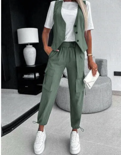 Women Fashion Casual Stripe Printed Vest Pockets Slim Fit Pants Two-Piece Set