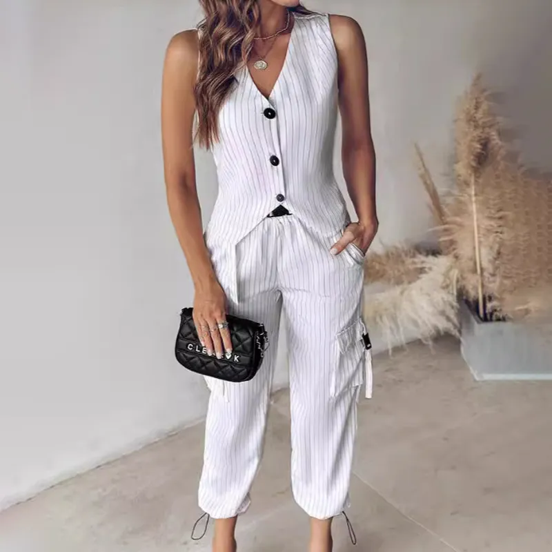 Women Fashion Casual Stripe Printed Vest Pockets Slim Fit Pants Two-Piece Set