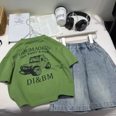 Kids Boys' Fashion Casual Summer Printed Short-Sleeve T-Shirt Loose Denim Shorts Two-Piece Set
