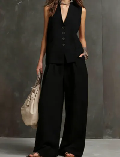 Women Fashion Casual Summer Solid Color Linen Sleeveless Vest Wide Leg Pants Two-Piece Set