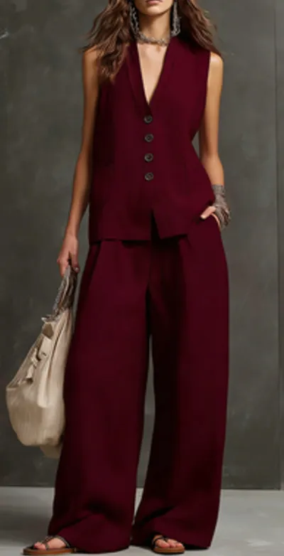Women Fashion Casual Summer Solid Color Linen Sleeveless Vest Wide Leg Pants Two-Piece Set