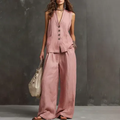Women Fashion Casual Summer Solid Color Linen Sleeveless Vest Wide Leg Pants Two-Piece Set