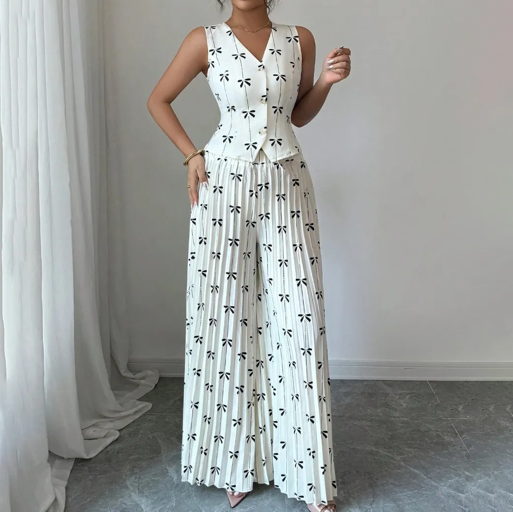 Women Fashion Casual Spring Printed Sleeveless Vest High Waist Wide Leg Pants Two-Piece Set