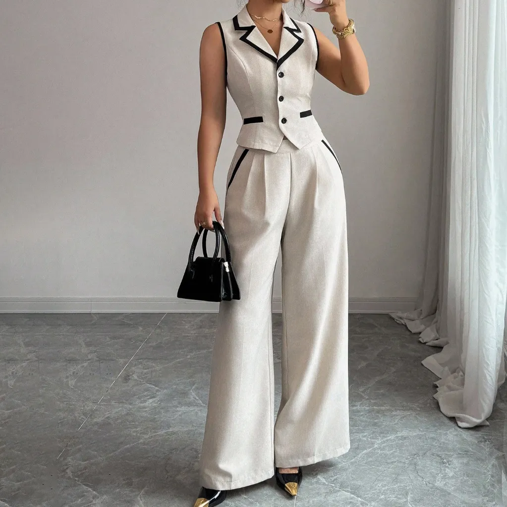 Women Fashion Casual Summer Contrast Color Lapel Sleeveless Vest Loose Pants Two-Piece Set