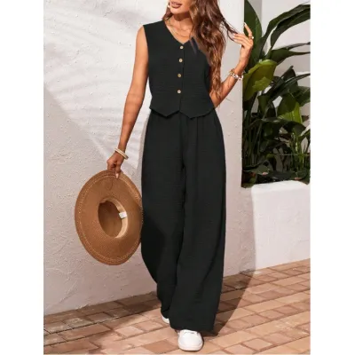 Women Fashion Casual Summer Linen Solid Color Front Buckle Vest Loose Pants Two-Piece Set