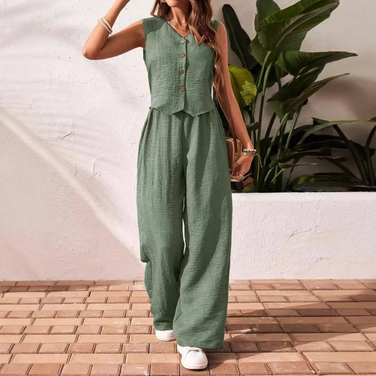 Women Fashion Casual Summer Linen Solid Color Front Buckle Vest Loose Pants Two-Piece Set