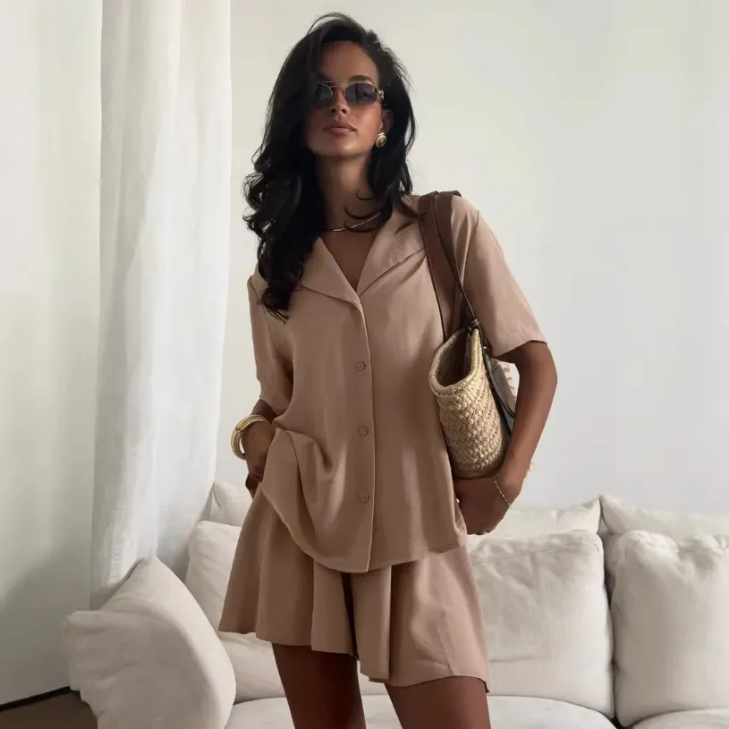 Women Fashion Casual Spring And Summersolid Color Lapel Short-Sleeve Cardigan Loose Shorts Two-Piece Set