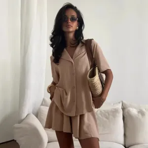 Women Fashion Casual Spring And Summersolid Color Lapel Short-Sleeve Cardigan Loose Shorts Two-Piece Set